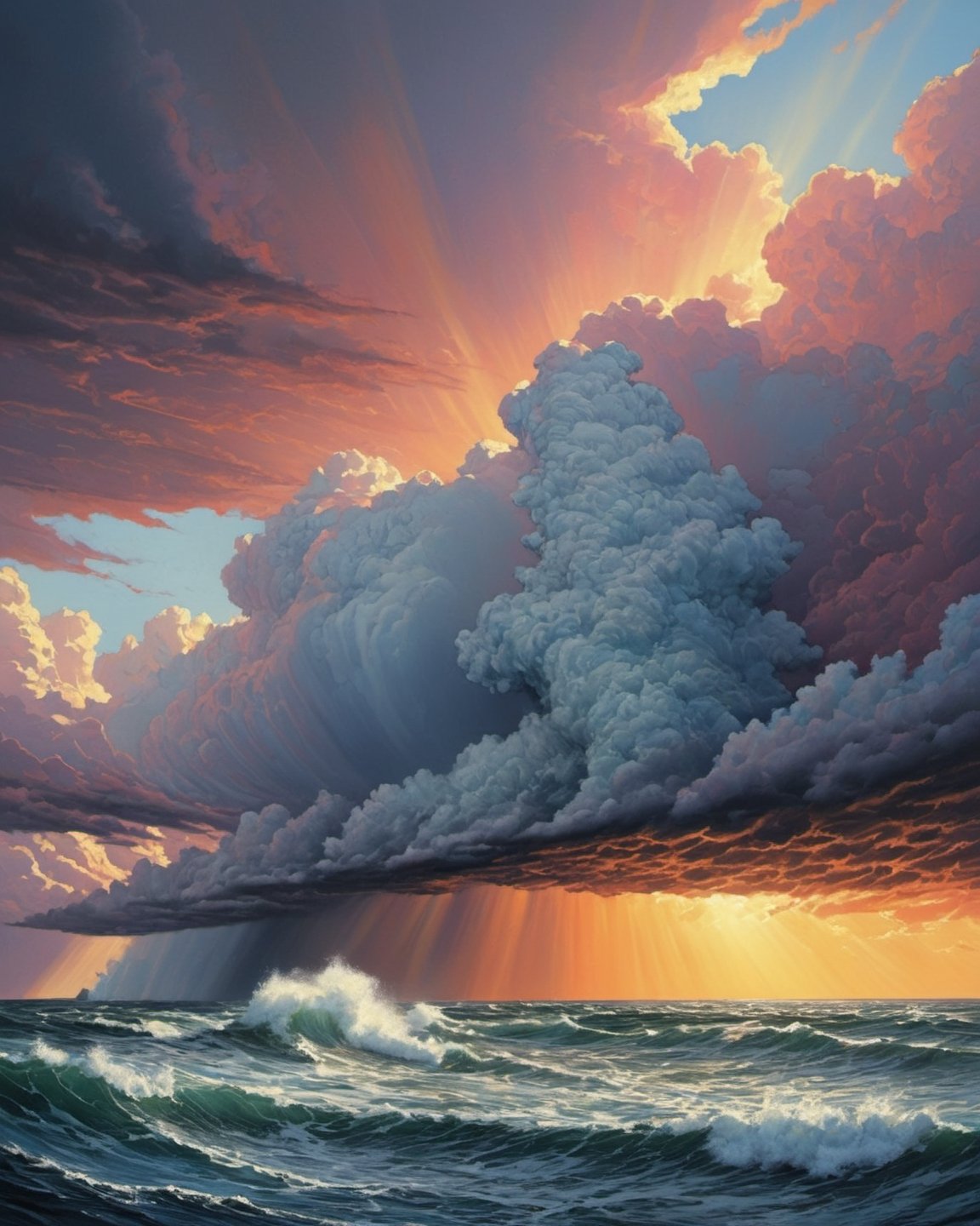  the Pacific Ocean on a stormy day, 5 metre troughs, rain, sun, splashing (((dramatic cloud formation))), poster style,  