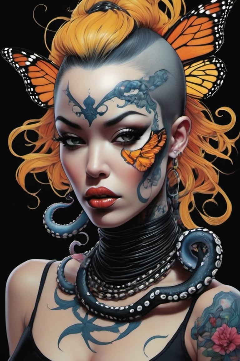 oversized monarch butterflies, goldfish, (((black and white striped octopus wrapping around the ladies neck))) , Horror Comics style, art by brom, tattoo by ed hardy, shaved hair, neck tattoos by andy warhol, heavily muscled, biceps, glam gore, horror, poster style, underwater picture , Angel fish, 
