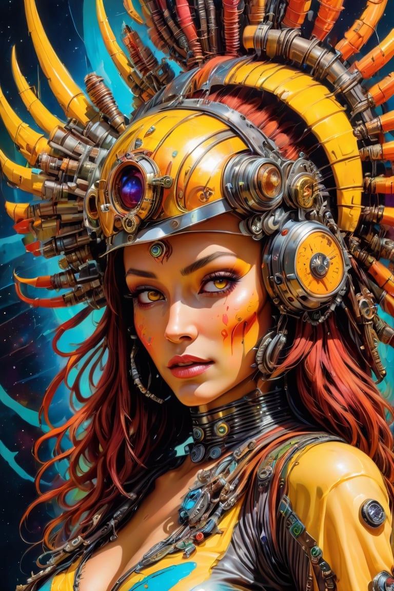 a masterpiece,  stunning beauty,  perfect face,  epic love,  Slave to the machine,  full-body,  hyper-realistic oil painting,  vibrant colors,  Body horror,  wires,   ,  native american war bonnet, a rusty and silver spotted steampunk spacesuit, women looking directly out to viewer, wry smile on her face, neon face with multiple coloured circuits on it, full face visor translucent dirty yellow colour, in the style of futuristic space, glamour,Steam punk steam punk animated gifs, xenomorph lookalike adornments, gun in hand, algorithmic artistry, frank frazetta style, perfect makeup, boris vallejo, pop art consumer culture, plain neon steampunk background, full figure pose,dripping paint,Leonardo Style,blacklight makeup,oni style