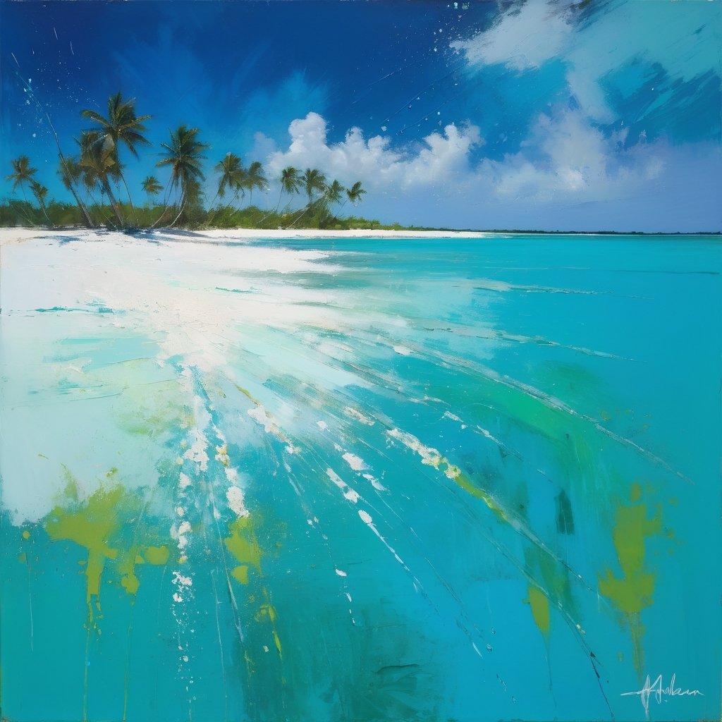 abstract, Cook Islands, as seen from the water, lagoon, white sand, palm trees, bright blue skies, green foliage, turquoise water, thick paint, block palette knife, pastel, in the style of Tony Allain, braod strokes on the knife, dots of paint, splatter, water drops, transparent in places,