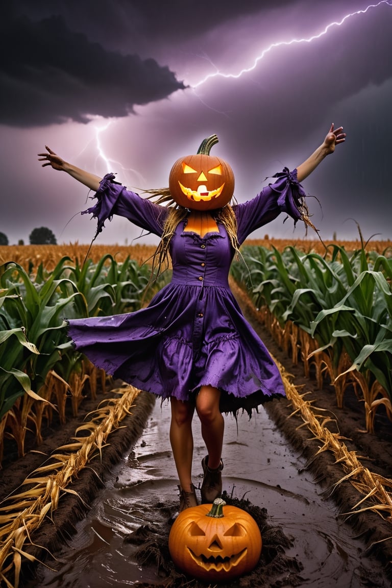Feet to head full body action shot, Pumpkin girl scarecrow, long stringy wet hair, angry pumpkin face, reaching out from the cornfield to terrify the viewer, hi res, photorealistic, 35 mm canon, slow shutter speed, dark dramatic purple sky, lightening ,Monster,HellAI,oni style,Devasted landscape ,EpicSky