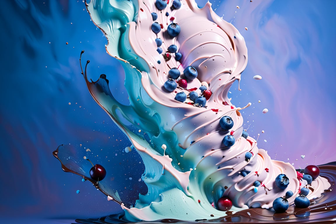 a macroscopic photograph of strawberry ice cream with cherry cream, ice cubes, maraschino cherries, blueberries, lychees , hundreds and thousands, dark chocolate sauce, nuts, mint leaves, splashing dark chocolate sauce, in a gradient honey  coloured background, fluid motion, dynamic movement, cinematic lighting, palette knife, digital artwork by Beksinski,action shot,sweetscape, 3D, oversized fruit, caramel theme, art by Klimt, airbrush art, food photography, food explosion background