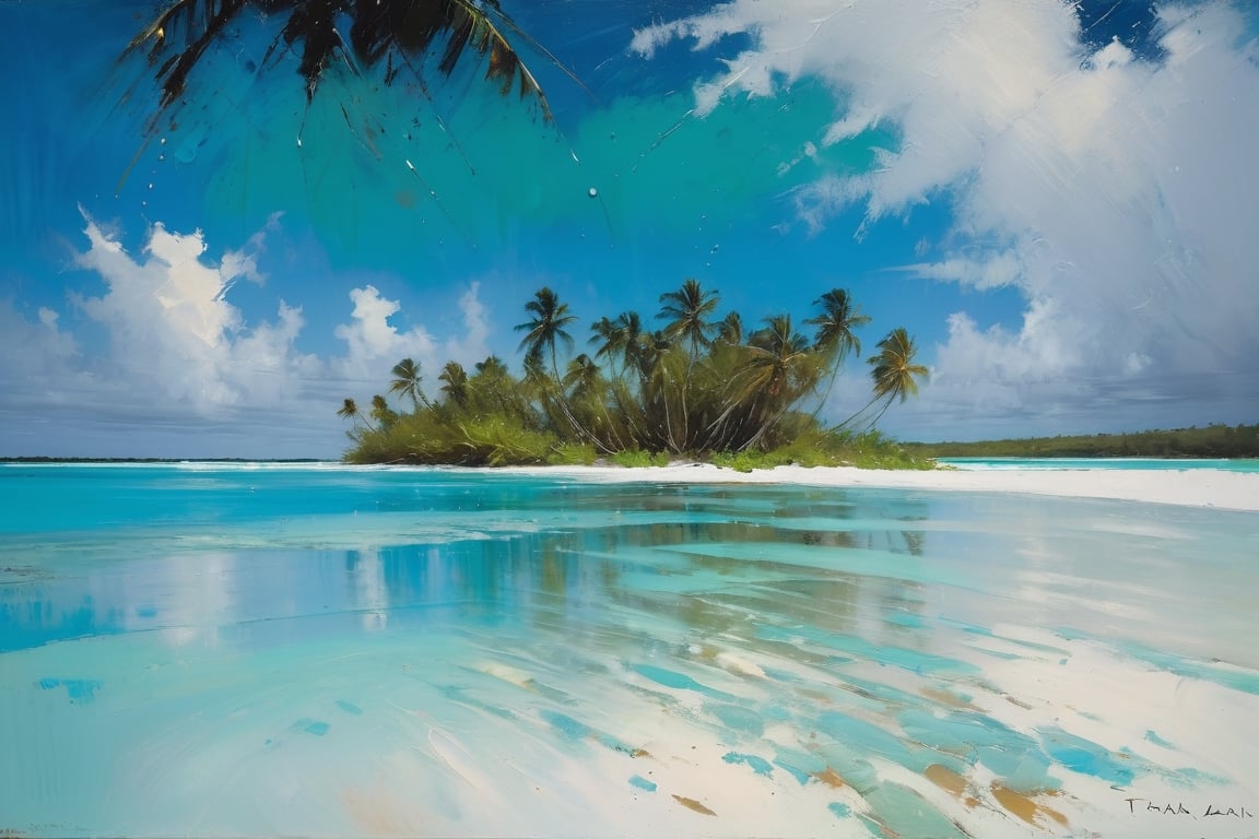 abstract, Cook Islands, as seen from the water, lagoon, white sand, palm trees, bright blue skies, green foliage, turquoise water, thick paint, block palette knife, pastel, in the style of Tony Allain, braod strokes on the knife, dots of paint, splatter, water drops, transparent in places,art by sargent,Oil painting of Mona Lisa ,Leaf