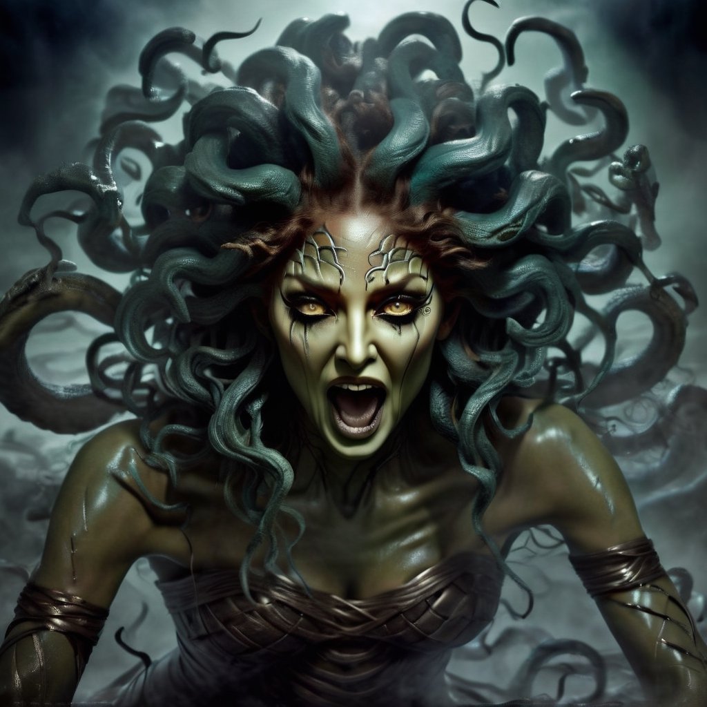 "Produce a captivating digital artwork where Medusa's hair consists entirely of individual snakes, each culminating with a menacing snake head at the end. Craft an image that truly embodies the essence of this mythical character, emphasizing the intricate details and expressions of each snake head. Create a scene that showcases Medusa's terrifying allure, with her hair entirely composed of these serpentine creatures. Utilize your artistic skills to bring Medusa to life in a way that accentuates her unique and menacing hair, capturing the blend of fascination and fear that surrounds this iconic figure."