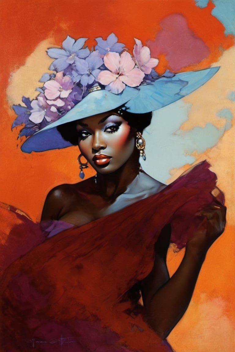 Gay, art nouveau style, an oil painting, a masterpiece, a hot black women, Irene Tutu from Mangaia, she is built for pleasure, ample breasts and bottom, she has it and knows it,  art by TavitaNiko, art by mel odom, art by Klimt , art by brom, art by Warhol, art by frazetta, poster style, Russian art, pink, baby blue, lilac, feminine, 