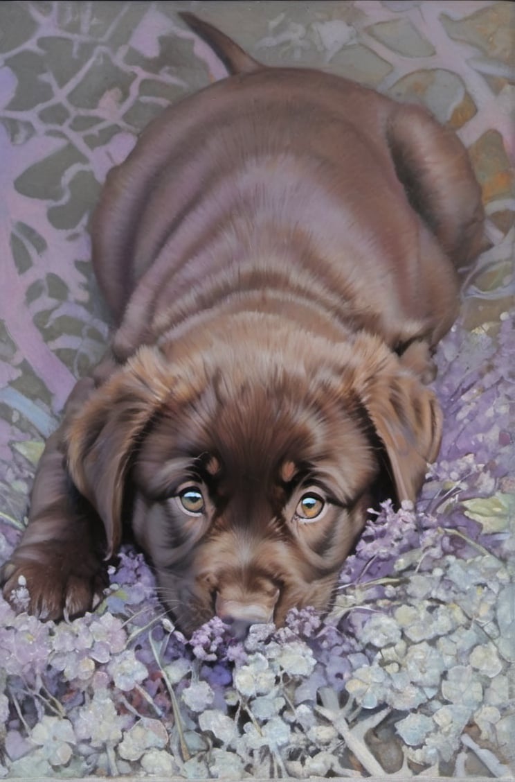  art nouveau style, an oil painting, a masterpiece, a chocolate Labrador puppy, art by TavitaNiko, art by mel odom, art by Klimt , art by brom, art by Warhol, art by frazetta, poster style, Russian art, pink, baby blue, lilac, chocolate puppy fur, 