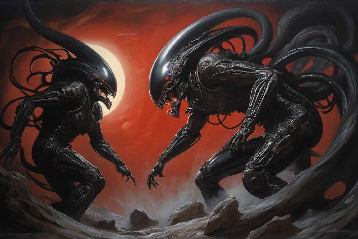 battle between enemies at night, two full moons in the sky, xenomorph, moonlight, intense shadows, dripping blood and sweat, drooling, mess, fighting with military astronauts in red spacesuits, oil portrait, work by H.R. Giger, masterpiece, hyperrealistic oil painting, 18 mm wide angle lens, f2. 8, motion blur for one full second, intense glare, dark shadows, hyperrealistic, masterpiece, 8k,