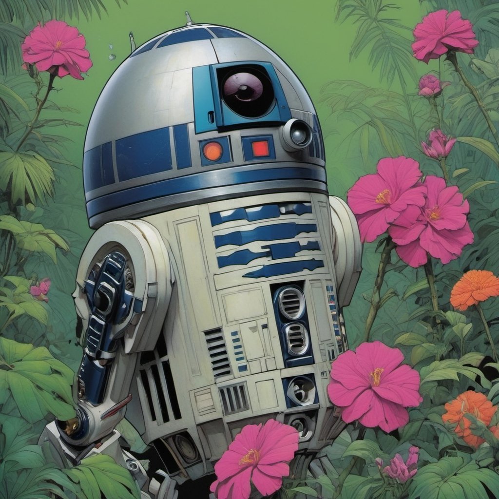 r2d2 , Horror Comics style, art by brom, smiling people, poking tongue at viewer, lennon sunglasses, punk hairdo, tattoo by ed hardy, shaved hair, neck tattoos by andy warhol, heavily muscled, biceps, glam gore, horror, poster style, flower garden, oversized monarch butterflies, tropical fish, flower garden, 