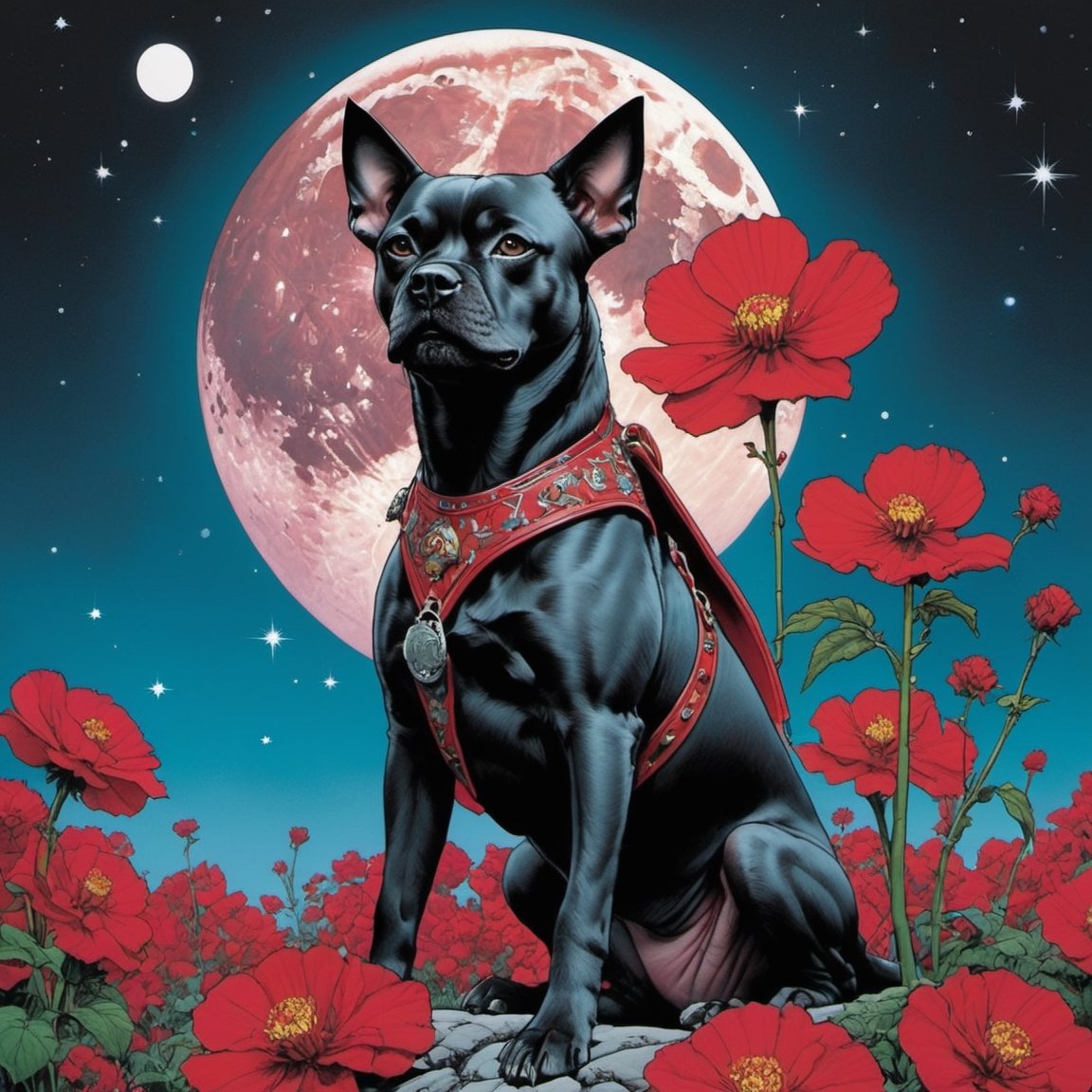 toto the dog the wizard of oz, blood moon, Horror Comics style, art by brom, tattoo by ed hardy, shaved hair, neck tattoos by andy warhol, heavily muscled, biceps, glam gore, horror, poster style, flower garden, space constellation, ,art_booster