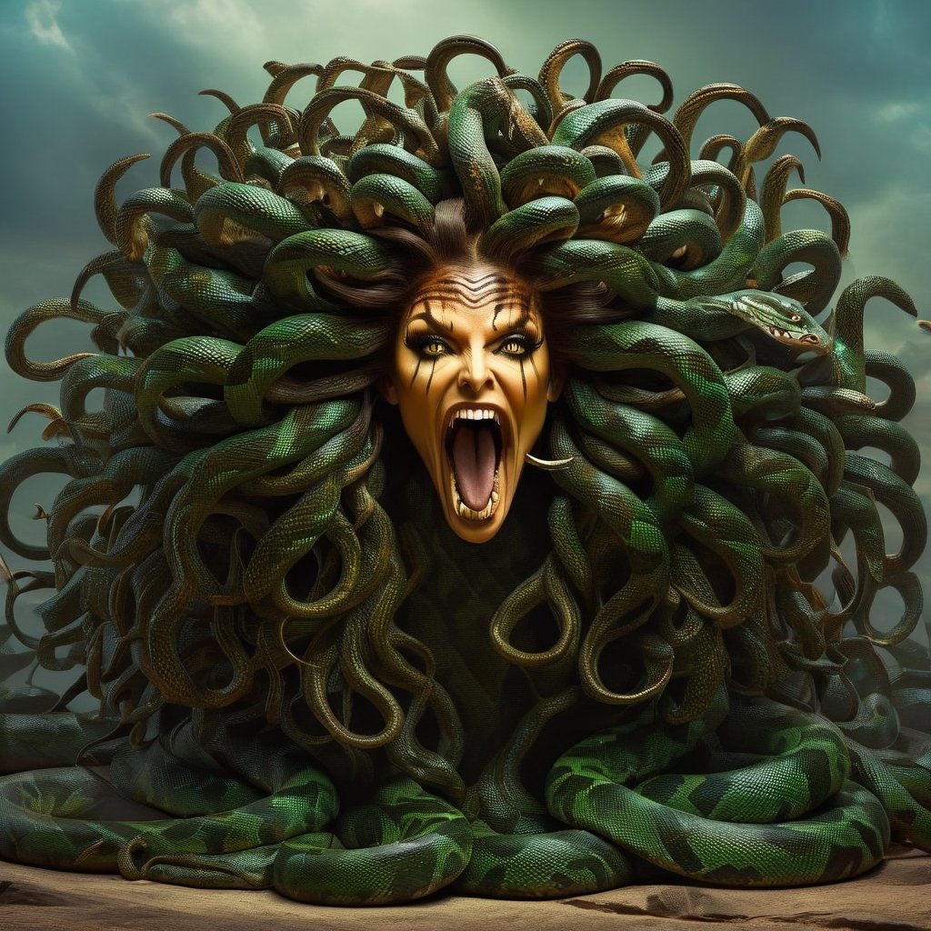 Produce a captivating digital artwork where Medusa's hair consists entirely of individual snakes, each culminating with a menacing snake head at the end. Craft an image that truly embodies the essence of this mythical character, emphasizing the intricate details and expressions of each snake head. Create a scene that showcases Medusa's terrifying allure, with her hair entirely composed of these serpentine creatures. Utilize your artistic skills to bring Medusa to life in a way that accentuates her unique and menacing hair, capturing the blend of fascination and fear that surrounds this iconic figure.