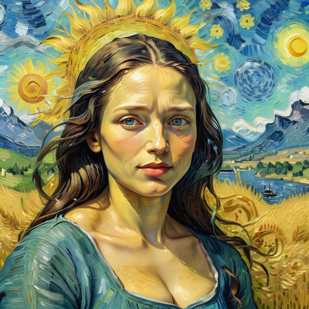 By Van Gogh, Sun, wind, sunny day, oil paint painting, highly detailed, sharpness, dynamic lighting, super detailing, van gogh starry nights background, painterley effect,Oil painting of Mona Lisa 