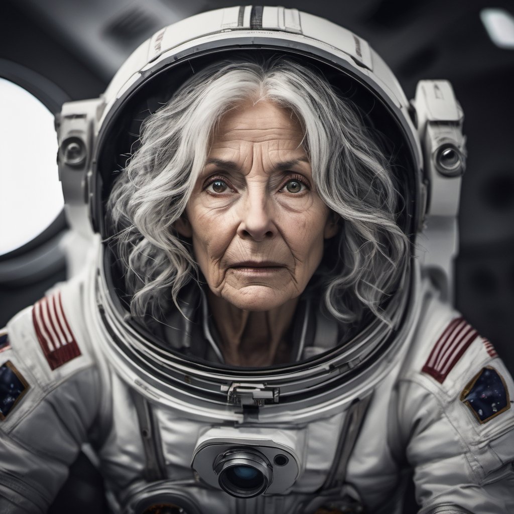 astronaut female, head uncovered,  lost, lost in space, mars, solo, looking at viewer, 1 woman, monochrome, upper body, greyscale, female focus, old, old woman, no clothing, wild and windswept hair, grey hair, straggly hair, forlorn, lost, a worn out worried look in her eyes and face, all focus on the eyes, short 2 inch depth of field, tamron 1000 mm telephoto lens, f2.8, cinematic angle, looking from above the eyeline down back at the woman, angled, extreme close up shot,  eyes only, 