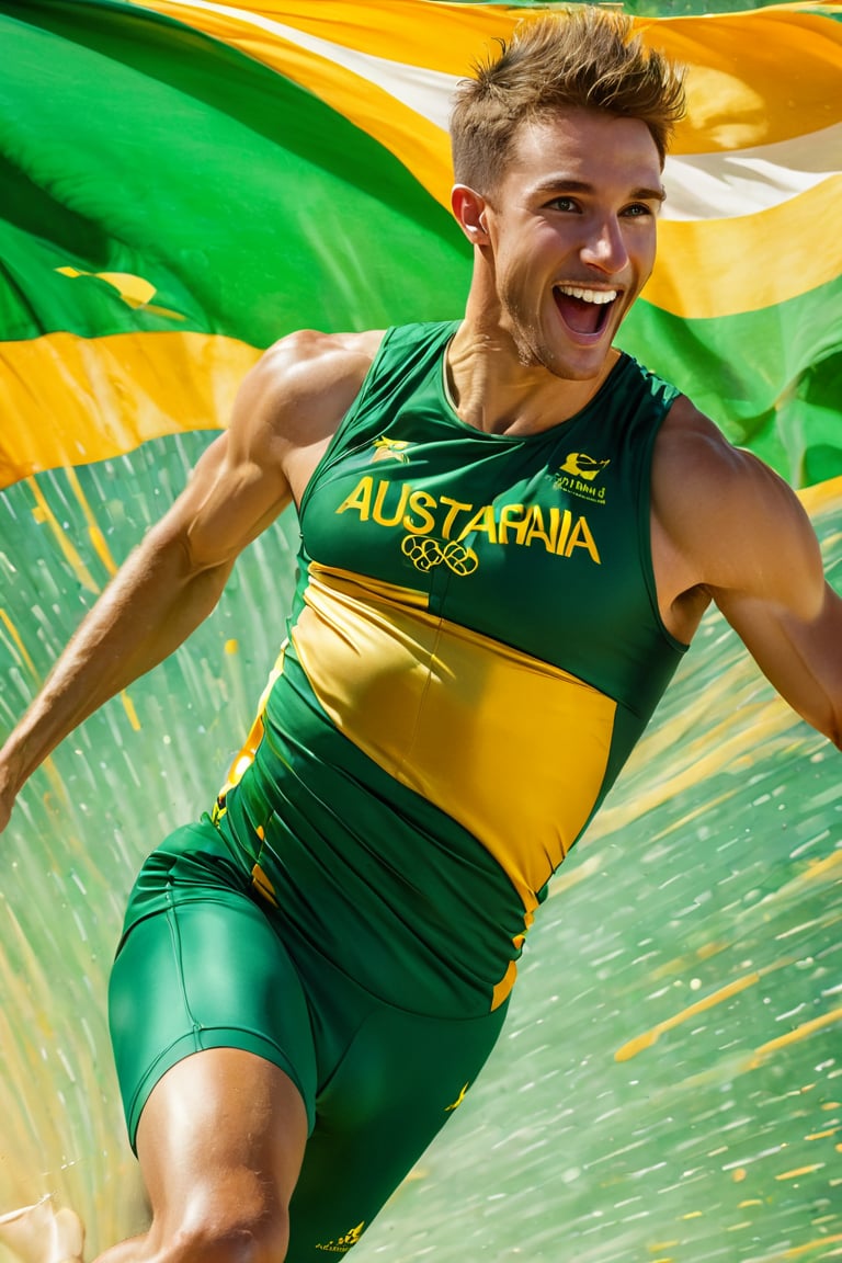 a close up body shot photograph of a happy australian male athlete, he is wearing an australian olympic highjump  uniform, he is has an olympic  gold medal around his neck, very large green and gold flag background, fluid motion, dynamic movement, cinematic lighting, palette knife, digital artwork by Beksinski,action shot,sweetscape, art by Klimt, airbrush art, ,photo r3al,ice and water,close up,Movie Poster