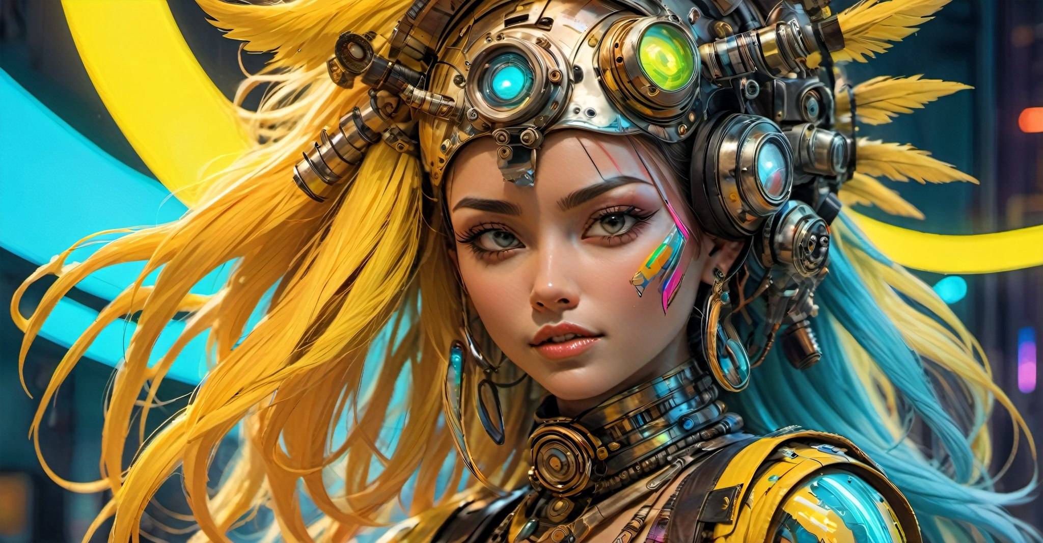 a masterpiece, stunning beauty, perfect face, epic love, Slave to the machine, full-body, hyper-realistic oil painting, vibrant colors, Body horror, wires, , native american war bonnet, a rusty and silver spotted steampunk spacesuit, women looking directly out to viewer, wry smile on her face, neon face with multiple coloured circuits on it, full face visor translucent dirty yellow colour, in the style of futuristic space, glamour, Steam punk steam punk animated gifs, xenomorph lookalike adornments, gun in hand, algorithmic artistry, frank frazetta style, perfect makeup, boris vallejo, pop art consumer culture, plain neon steampunk background, full figure pose, dripping paint, Leonardo Style, blacklight makeup, oni style,monster,HellAI,IncrsXLRanni,Xxmix_Catecat,DonMD3m0nXL ,Stylish,underboob,hustler,more detail XL,portrait_futurism