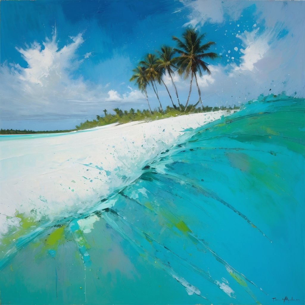 abstract, Cook Islands, as seen from the water, lagoon, white sand, palm trees, bright blue skies, green foliage, turquoise water, thick paint, block palette knife, pastel, in the style of Tony Allain, braod strokes on the knife, dots of paint, splatter, water drops, transparent in places,