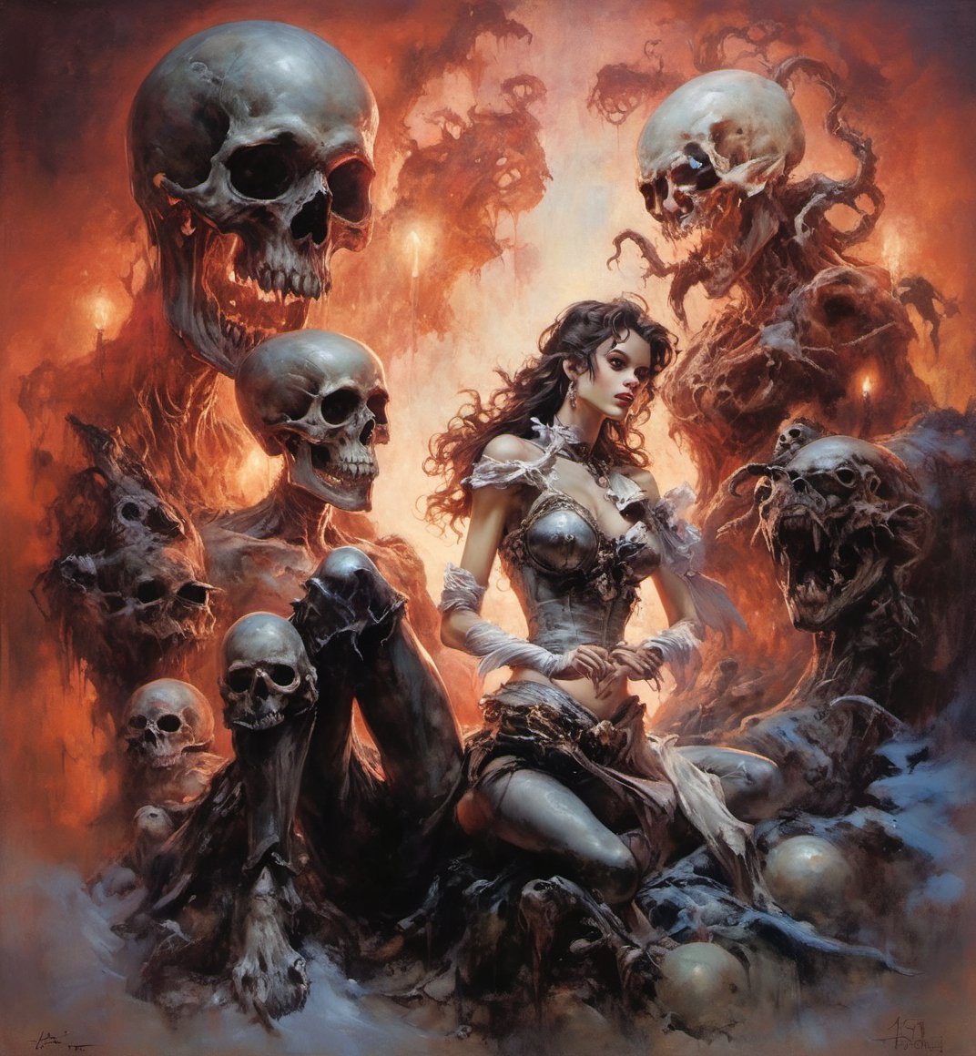 art by Masamune Shirow, art by J.C. Leyendecker, art by boris vallejo, a masterpiece, hyper-realistic oil painting, vibrant colors, Horror Comics style, art by brom, tattoo by ed hardy, a woman with half a skull face and half a human face, horror, dark chiarascuro lighting, a telephoto shot, 1000mm lens, f2,8 , , illustration,  ,perfecteyes,