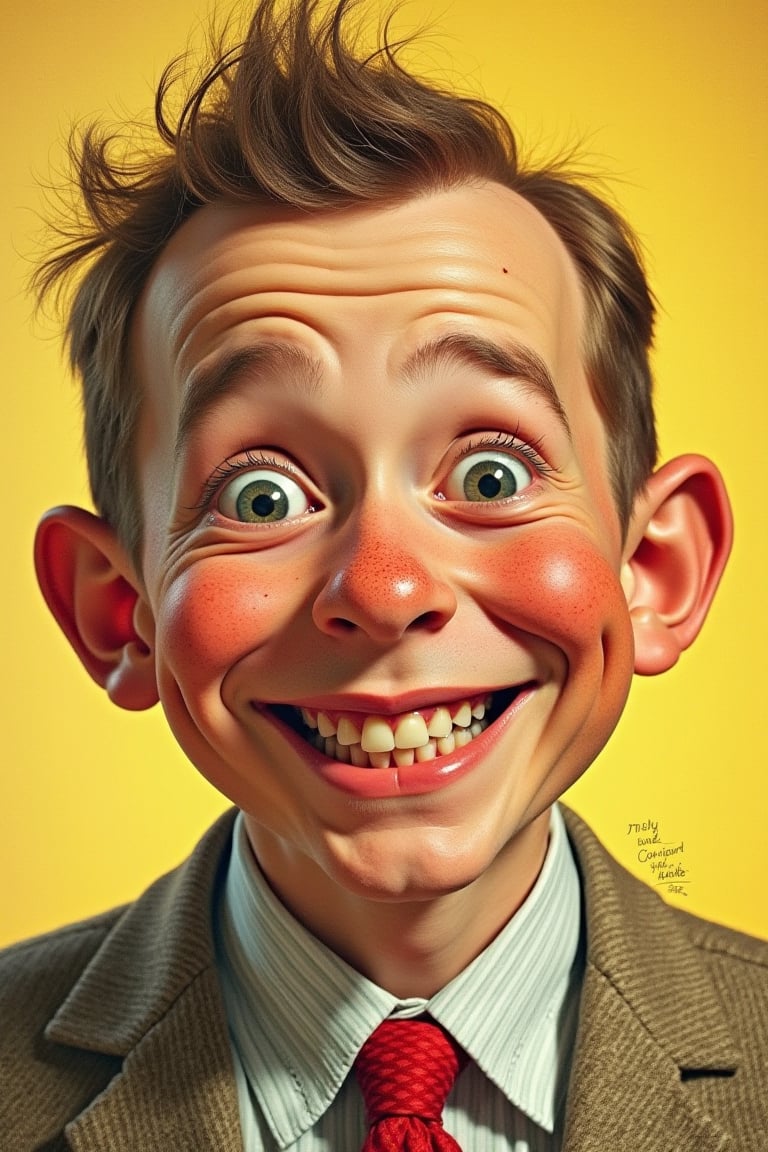 Mad magazine cover, featuring alfred e neuman, a freckled face, typical pose, smile with gap in teeth, doing some weird thing that is plain  stupid