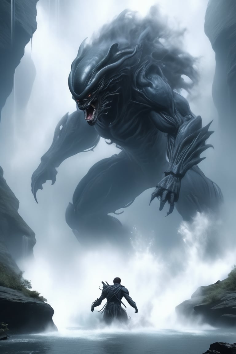 an alien xenomorph launches itself at a nearby victim, a giant bear,  motion blur, river scene,  splashing waterf, splashes, cliff, waterfalls, distant water mist and haze, cinematic wide shot,