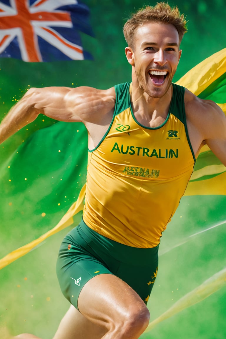 a mid section body shot photograph of a happy australian male athlete, he is wearing an australian olympic highjump  uniform, he is has an olympic  gold medal around his neck, his back and bottom are facing the viewer, very large green and gold flag background, fluid motion, dynamic movement, cinematic lighting, palette knife, digital artwork by Beksinski,action shot,sweetscape, art by Klimt, airbrush art, ,photo r3al,ice and water,close up,Movie Poster