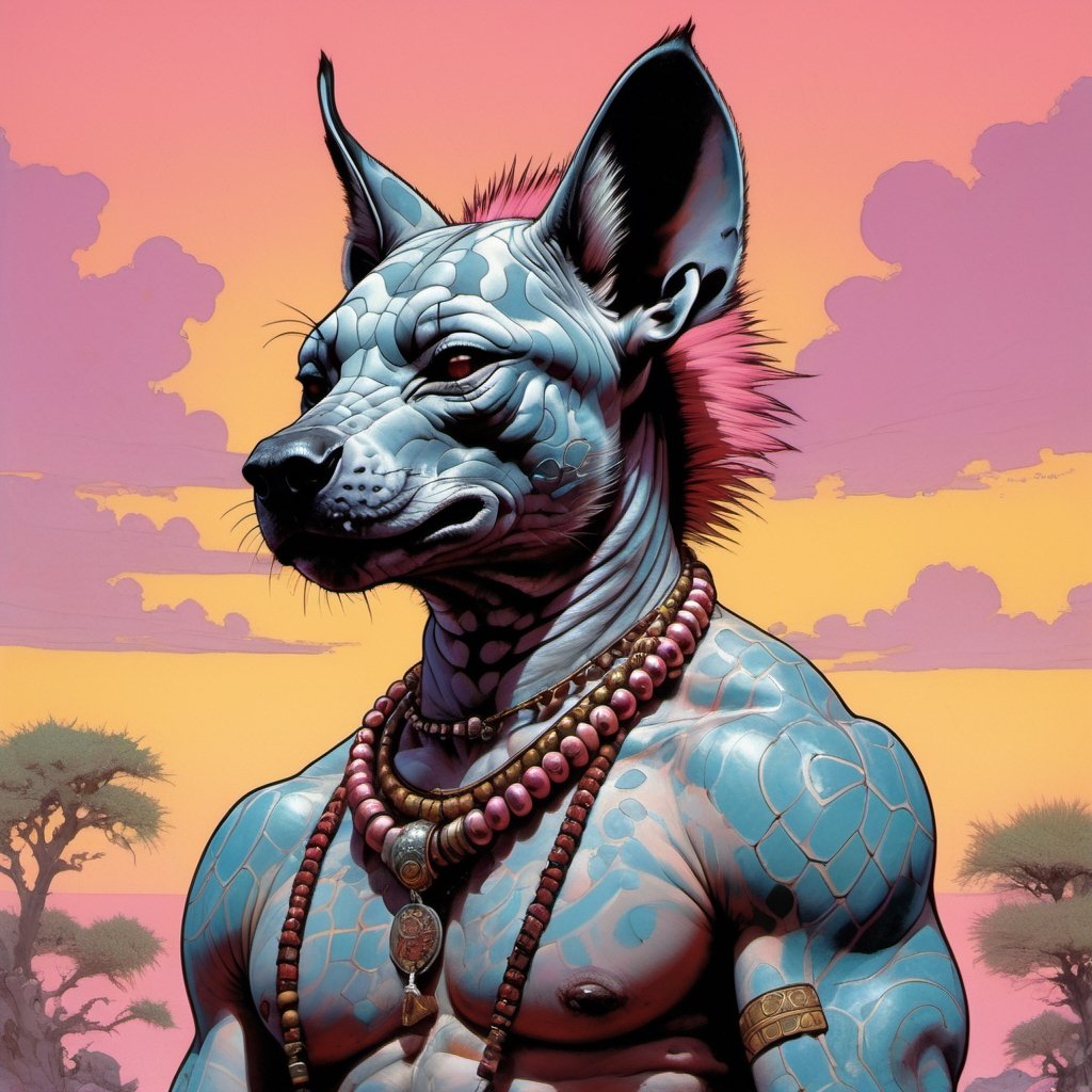 a hyena, Horror Comics style, art by brom, tattoo by ed hardy, shaved pink hair, neck tattoos by andy warhol , heavily muscled, biceps,glam gore, horror, angelic, savanna style, heatwave, stone carvings, tribal motifs, tribal art, animal skins, god visions, Russian military poster style, asian art, chequer board, savanna views, setting sun, 