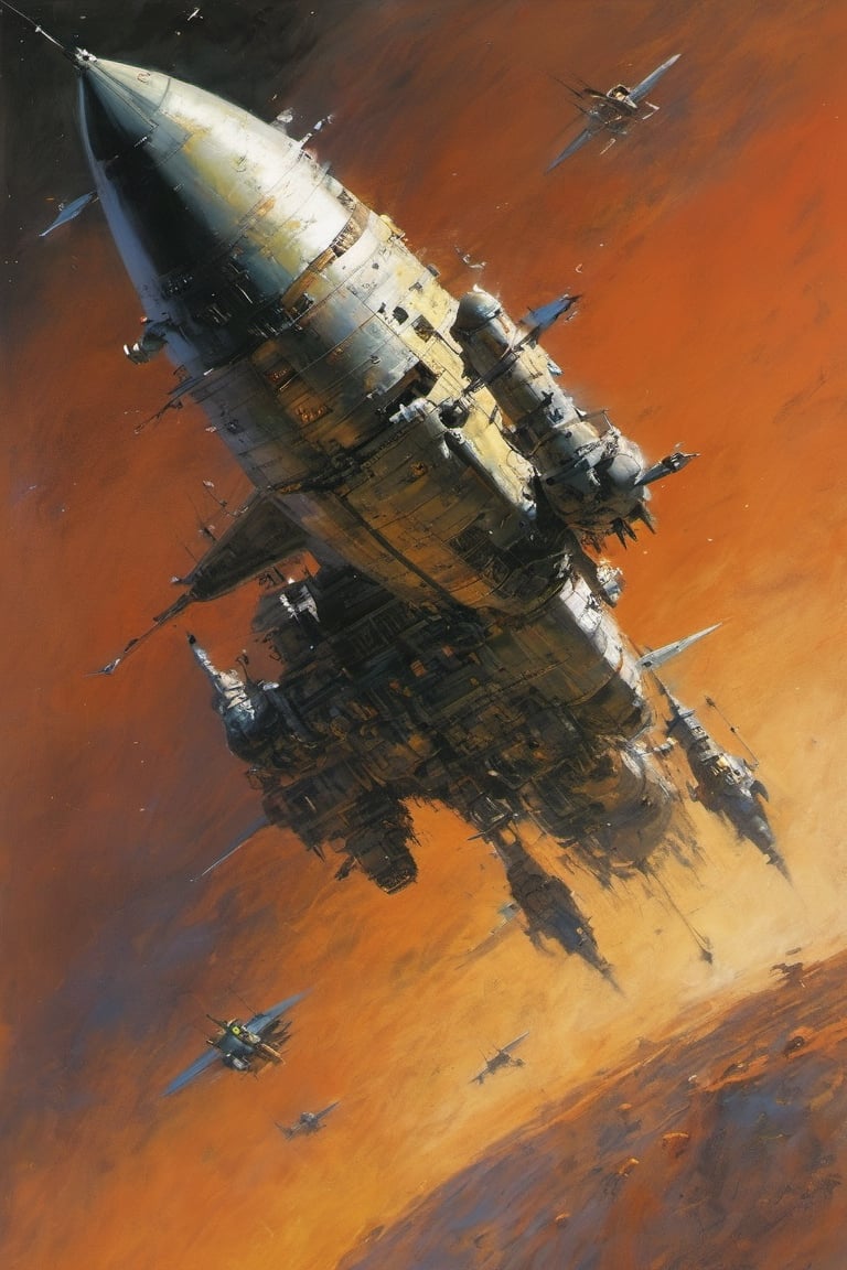 spaceship travelling past a planet, in space, ultra quality, highly detailed (ultra realism:1.2), art by john Berkey, art by chris foss, art by frank frazetta, 