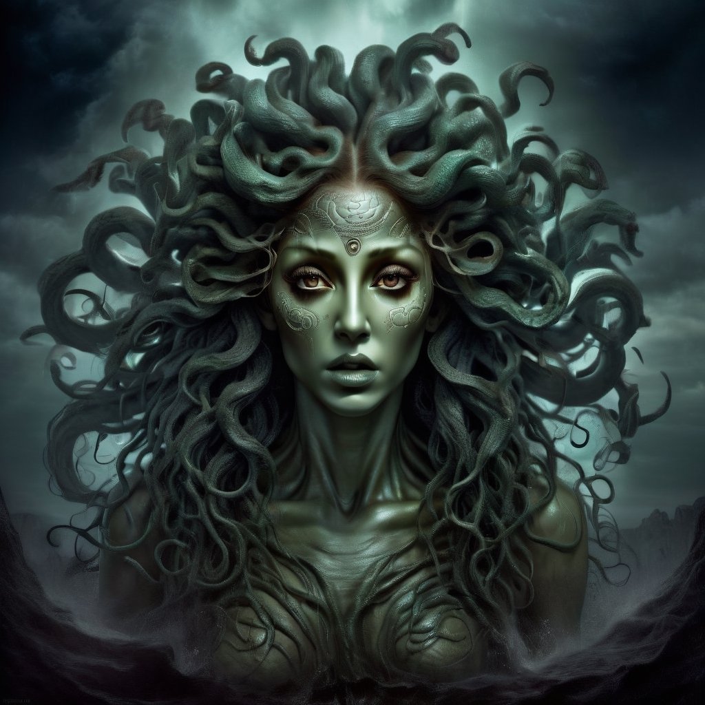 "Produce a captivating digital artwork where Medusa's hair consists entirely of individual snakes, each culminating with a menacing snake head at the end. Craft an image that truly embodies the essence of this mythical character, emphasizing the intricate details and expressions of each snake head. Create a scene that showcases Medusa's terrifying allure, with her hair entirely composed of these serpentine creatures. Utilize your artistic skills to bring Medusa to life in a way that accentuates her unique and menacing hair, capturing the blend of fascination and fear that surrounds this iconic figure."