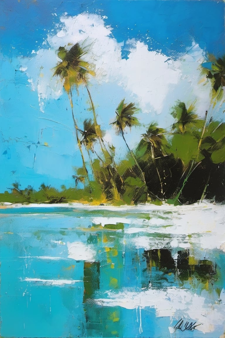 abstract, Cook Islands, as seen from the water, lagoon, white sand, palm trees, bright blue skies, green foliage, turquoise water, thick paint, block palette knife, pastel, in the style of Tony Allain, braod strokes on the knife, dots of paint, splatter, water drops, transparent in places,