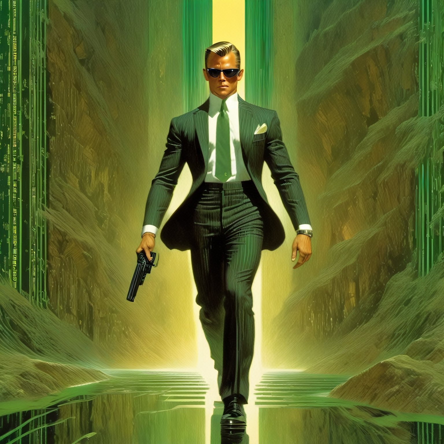 art by Masamune Shirow, art by J.C. Leyendecker, art by boris vallejo, a masterpiece, stunning beauty, hyper-realistic oil painting, vibrant colors, a James Bond type character, wearing round sunglasses, dark chiarascuro lighting, aiming a Luger pistol at the viewer, fighting bad guys, being chased, a telephoto shot, 1000mm lens, f2,8,vertical lines of green matrix code