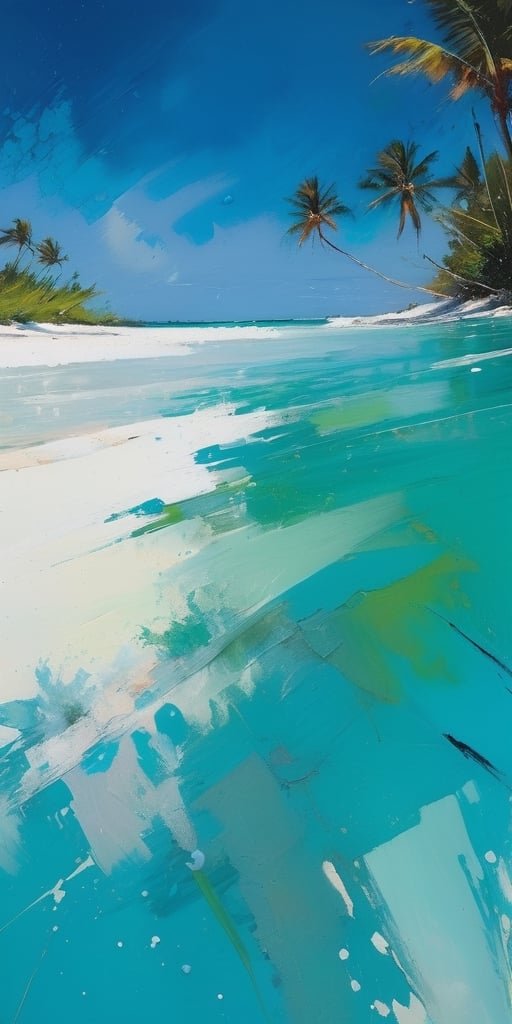 abstract, Cook Islands, as seen from the water, lagoon, white sand, palm trees, bright blue skies, green foliage, turquoise water, thick paint, block palette knife, pastel, in the style of Tony Allain, braod strokes on the knife, dots of paint, splatter, water drops, transparent in places,