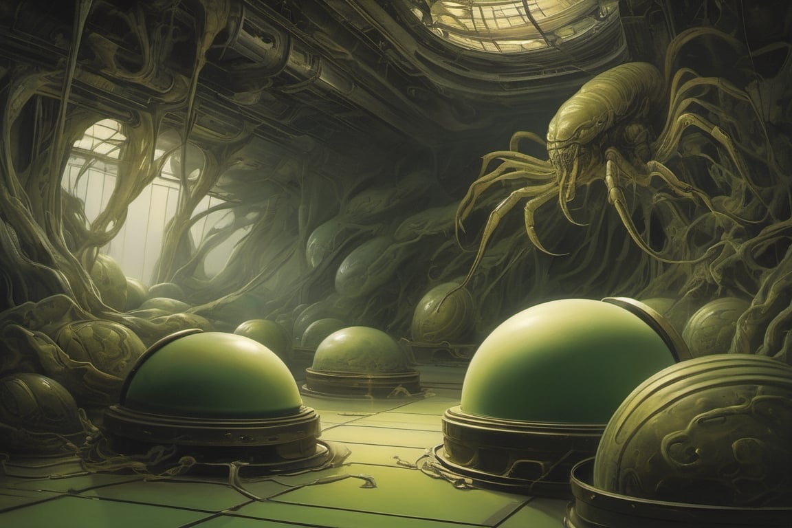 a oil painting wide shot, art by hr giger, a masterpiece, hyper-realistic oil painting of a massive open floor space covered in Ovomorph eggs, in a massive chamber, green misty light on the floor covering the eggs, darkness, Xenomorph Eggs by themselves are seemingly inert and are often dismissed as nothing more than lifeless vessels simply designed to contain the Facehugger. However, study has shown that they are in fact complicated organisms in their own right and that they exist in a symbiotic relationship with the Facehugger they contain. They notably possess the ability to "sense" or otherwise detect when a potential host creature approaches, at which point four "petals" at the top of the Egg open up and the Facehugger within launches itself at the nearby victim.