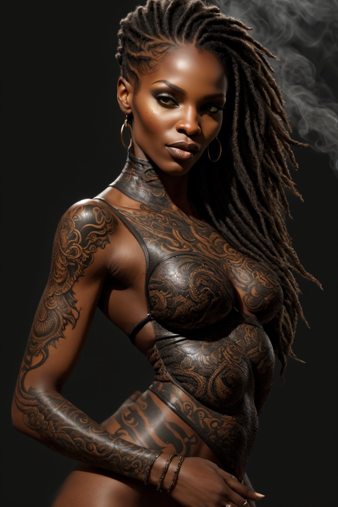 An sexy black african womans arm and shoulder, covered in a detailed intricate dragon tatoo on front and back,  cinematic pose, that is stretching out in to reality, its screaming, scratching, smoking, similar to dragon tattoo by Boris Vallejo, slowly you see the small dragon tattoo in parts is coming out of the skin and becoming a real version of the tattoo, sticking out, scales, extended claws, 16K, back arm and shoulder shot, ,DonMF43XL,cyberpunk style,steampunk style,IncrsXLRanni,HellAI,DonM5yn1hXL