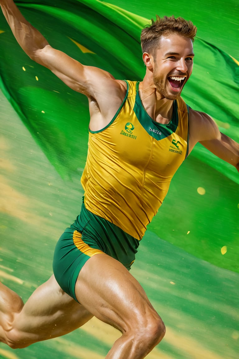 a mid section body shot photograph of a happy australian male athlete, he is wearing an australian olympic highjump  uniform, he is has an olympic  gold medal around his neck, his back and bottom are facing the viewer, very large green and gold flag background, fluid motion, dynamic movement, cinematic lighting, palette knife, digital artwork by Beksinski,action shot,sweetscape, art by Klimt, airbrush art, ,photo r3al,ice and water,close up,Movie Poster