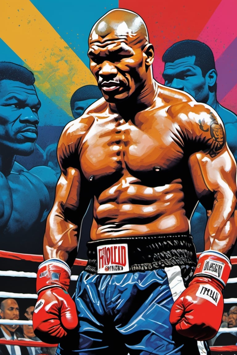 Mike Tyson , fighting evaded Holyfield, art poster by gian galang, (((art style by gian galang))), (((design by gian galang))) , neck tattoos by andy warhol, heavily muscled, biceps, fight poster style, asian art, chequer board, mma, octogon, 