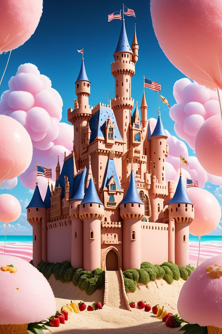 A majestic fantasy castle perches atop a lush hill, its flags fluttering in the gentle breeze. The structure's intricate turrets and towers rise like sugar-coated skyscrapers against a bright, shimmering sky, where cotton candy clouds drift lazily by. A tropical beach stretches out before the castle, lined with fruit trees, cookies, and sugar cubes that glisten in dramatic lighting. The air is filled with sweet scents of blooming flowers (0.4 bloom). A transparent bubble encases a stunning sweetscape, complete with rounded corners, glittering details, and a sprinkle of edible gold dust. The entire scene is rendered in 8K resolution, with a tilt-shift effect that creates a sense of depth and dimensionality. The composition is breathtakingly beautiful, with a focus on the castle's grandeur and the whimsical beachside scenery.