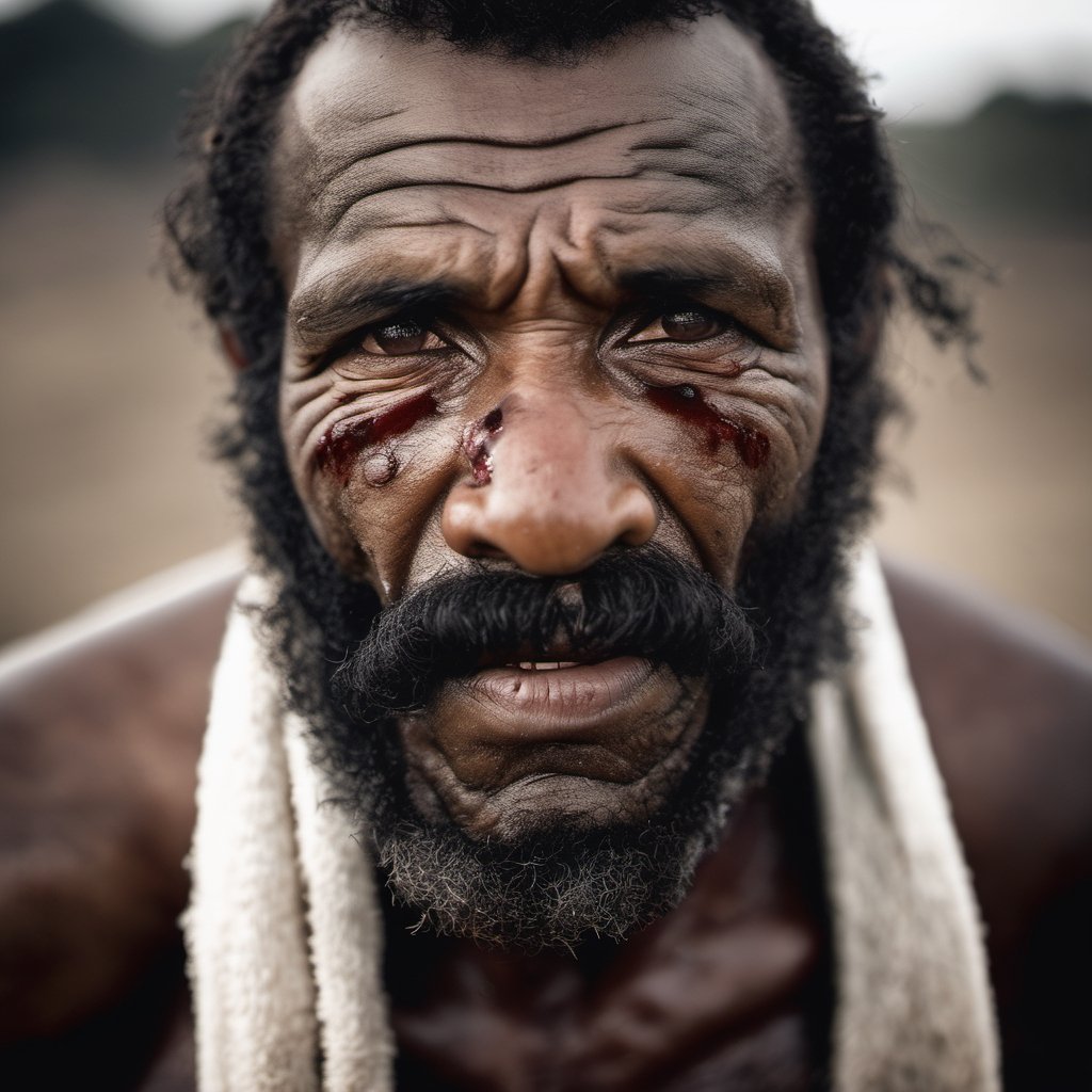 a defeated bare knuckle boxer male, old b;ack african man, head uncovered,  battle scarred, solo, looking at viewer, 1 man, monochrome, upper body, greyscale, male focus, 2 ft facial hair,2 ft beard, 12 inch mustache, old, old man, no clothing, long bushy unkempt hair, long bushy beard, wild and windswept, forlorn, a worn out worried look in his eyes and face, all focus on the eyes, short 2 inch depth of field, tamron 1000 mm telephoto lens, f2.8, cinematic angle, looking from above the eyeline down back at the man, angled, extreme close up shot,  eyes only, teeth bashed out, swollen eye, broken nose, cut eyebrows, no teeth, a towel, a singlet, bloodstained, mouth open and smiling , few teeth, 