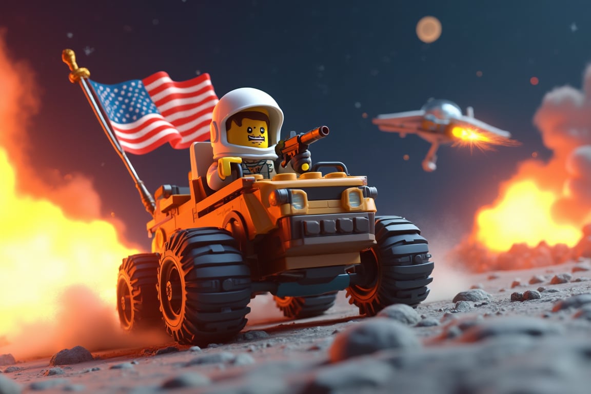 An 3d lego block cartoon scene featuring buzz aldrin riding the lunar rover at full throttle jumping over moon craters, and firing a gun in the airr. The American flag waves proudly behind him as an alien spacecraft soars through the sky. In the background, massive explosions light up the scene.