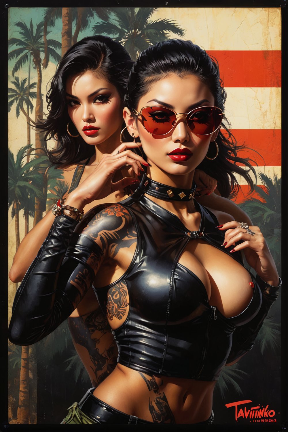 art by Masamune Shirow, art by J.C. Leyendecker, art by boris vallejo, a masterpiece, stunning beauty, hyper-realistic oil painting, vibrant colors, Horror Comics style, art by brom, tattoo by ed hardy, a woman, shaved hair, neck tattoos by andy warhol, heavily muscled, biceps,glam gore, covered heavily in crisp dark  demonic tattoos, horror, demonic, hell visions, demonic women, military poster style, asian art, chequer board, wearing mirrored sunglasses, dark chiarascuro lighting, a telephoto shot, 1000mm lens, f2,8 , grunge style , abstract, illustration, 1960 aesthetics, minimalistic, trendy, mixed media, vector art, 1girl, female focus,  text focus, gradient background, palm trees, diamond \(symbol\), glow, the text "TAVITANIKO" in arial ,artint