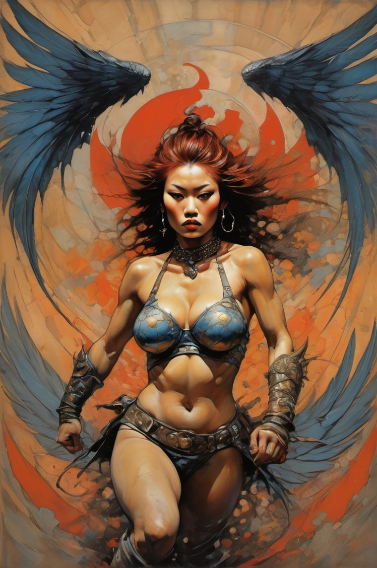 heaven poster, a warrior women, hjair is wind blown, huge swan wings on her back, manga style, an oil painting, a masterpiece, art by TavitaNiko, art by Vallejo, art by Klimt , art by brom, tattoo by ed hardy, shaved hair, neck tattoos andy warhol, heavily muscled, biceps,glam gore, horror, demonic, hell visions, demonic women, military poster style, asian art, chequer board,