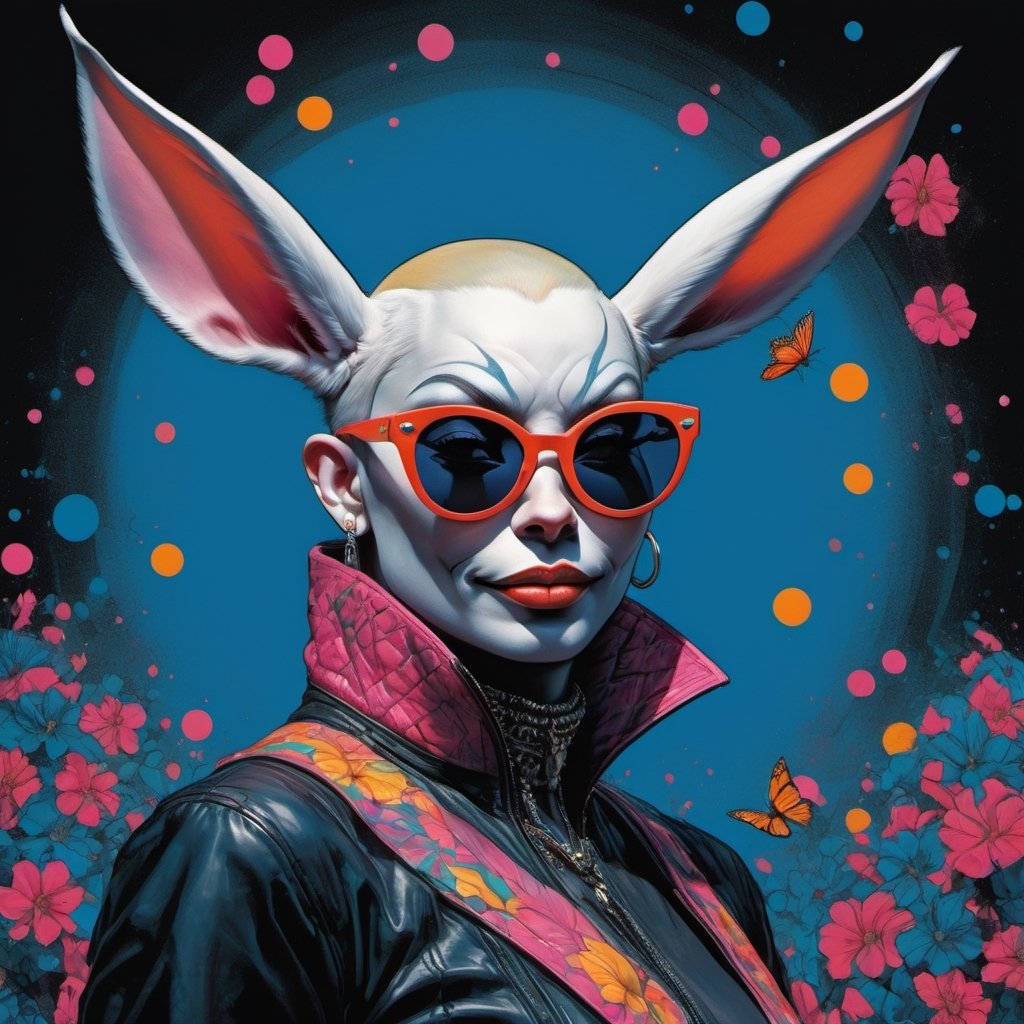 vogue easter bunny portrait, Horror Comics style, art by brom, smiling, lennon sunglasses, rabbit ears, rabbit nose, rabbit fur, punk hairdo, tattoo by ed hardy, shaved hair, playboy bunny outfit, bunny tail, neck tattoos by andy warhol, heavily muscled, biceps, glam gore, horror, poster style, flower garden, Easter eggs, coloured foil, oversized monarch butterflies, tropical fish, flower garden, 