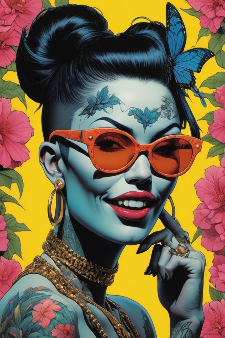 vogue portrait, Horror Comics style, art by brom, smiling people, poking tongue at viewer, lennon sunglasses, punk hairdo, tattoo by ed hardy, shaved hair, neck tattoos by andy warhol, heavily muscled, biceps, glam gore, horror, poster style, flower garden, oversized monarch butterflies, tropical fish, flower garden, 