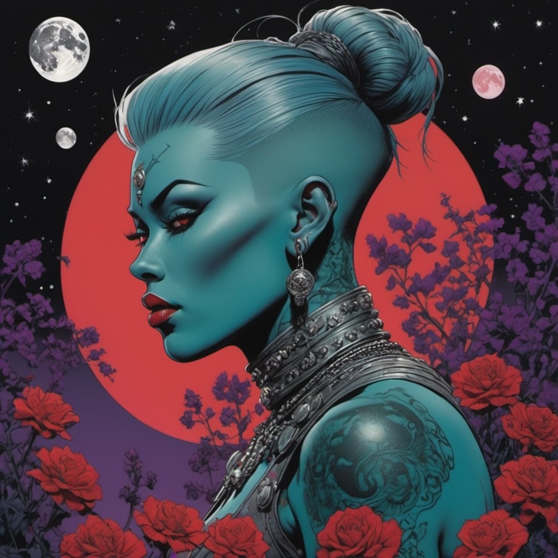 tik tok from the wizard of oz, blood moon, Horror Comics style, art by brom, tattoo by ed hardy, shaved hair, neck tattoos by andy warhol, heavily muscled, biceps, glam gore, horror, poster style, flower garden, space constellation, ,art_booster