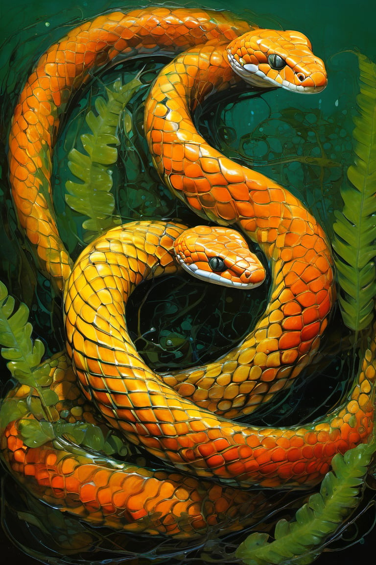  art by simon bisley, art by Brom, art by ralph steadman, art by gustav klimt, a slithering poisonous snake in a tropical jungle, resplendant in colour and intricate detail,  a masterpiece, realistic,  The artwork is a masterpiece, boasting incredible detail and a sense of depth that pulls the viewer in.