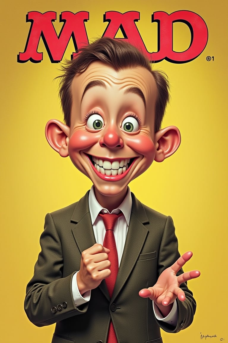 Mad magazine cover featuring alfred e neuman, typical pose with gap in teeth, doing some weird thing that is funny and stupid