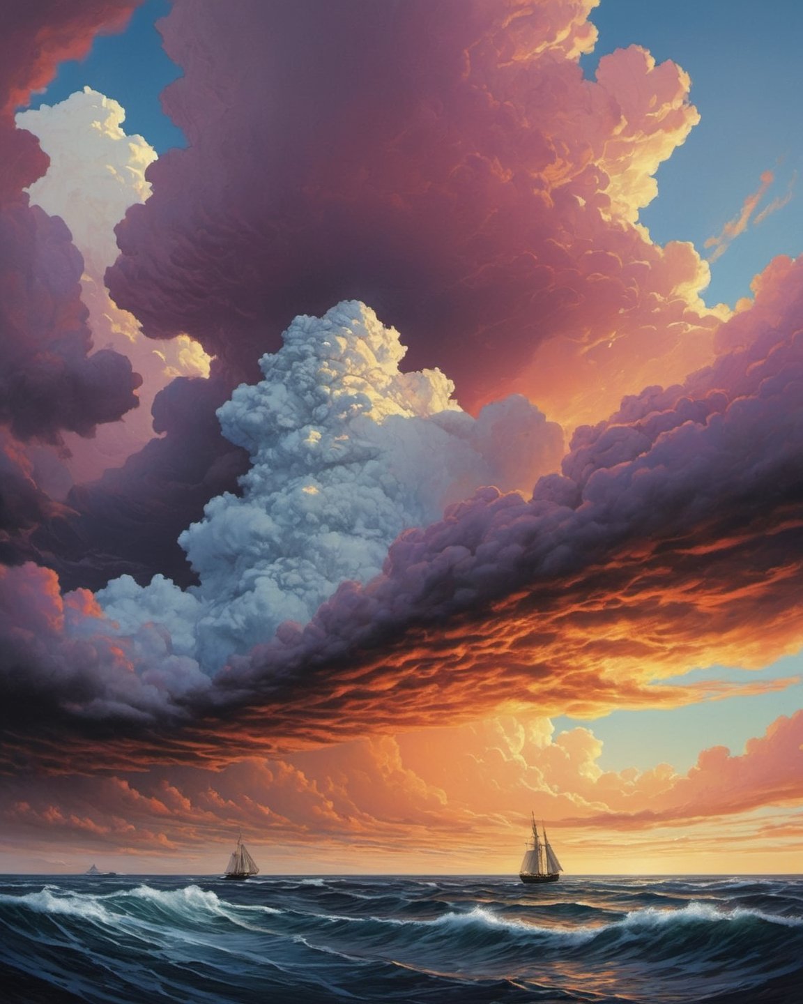 cooks endeavour on the Pacific Ocean (((dramatic cloud formation))), poster style,  