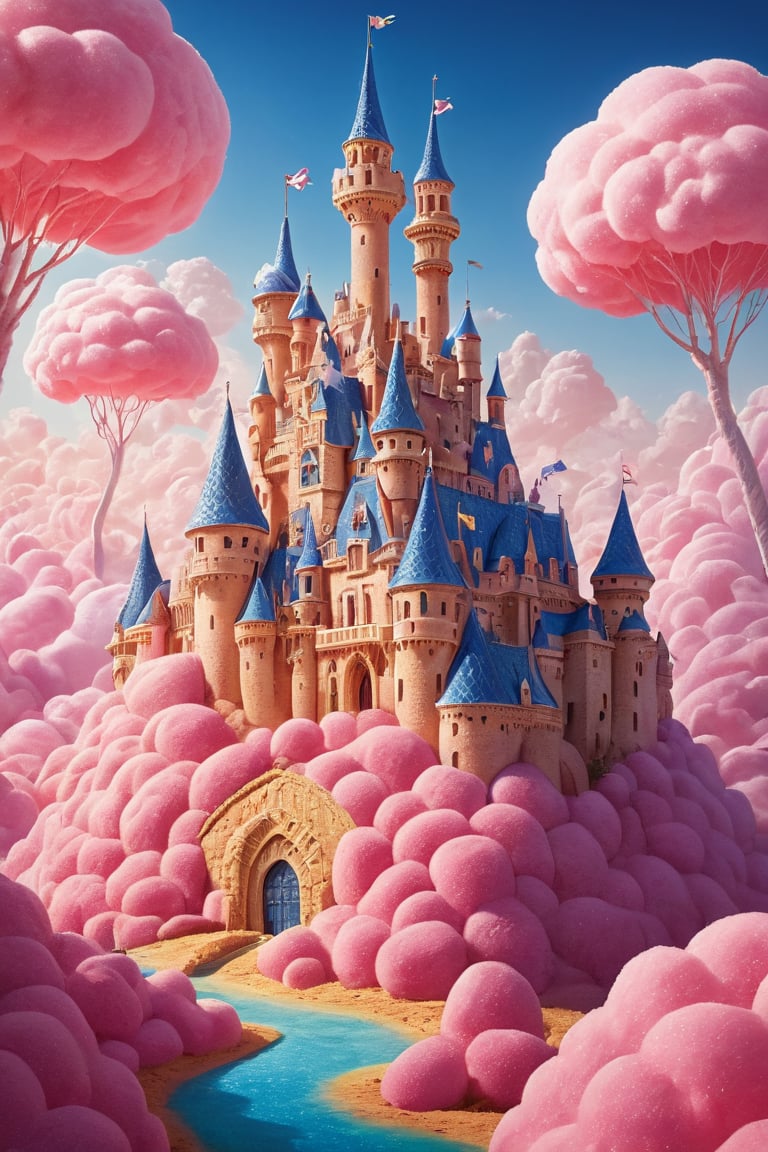 In a breathtakingly rendered fantasy landscape, a majestic castle rises high on a hill, its flags waving majestically in the gentle breeze. Turrets stretch towards the sky, adorned with intricate details and vibrant colors. The sweet-scented village below is a kaleidoscope of tropical delights: cotton candy clouds, cookie-shaped buildings, sugar-coated trees, and shimmering fruit stands. Dramatic lighting casts a warm glow, accentuating rounded corners and sparkling textures. A gradient of colors blooms across the scenery, from deep blues to radiant yellows. The overall effect is a sumptuous, 8K masterpiece that transports viewers to a whimsical world of wonder.