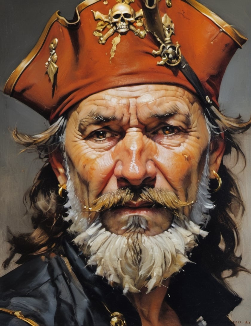 an oil painting portrair, close up of the face, all focus on the eyes, a masterpiece, art by michael carson, a pirate, silverbeard, with two rotten teeth, unkempt beard and moustache, crinkled laughing eyes, wild eyebrow hair, wind swept hair on head, wearing a captains tricorne hat, gold hoop earings, 