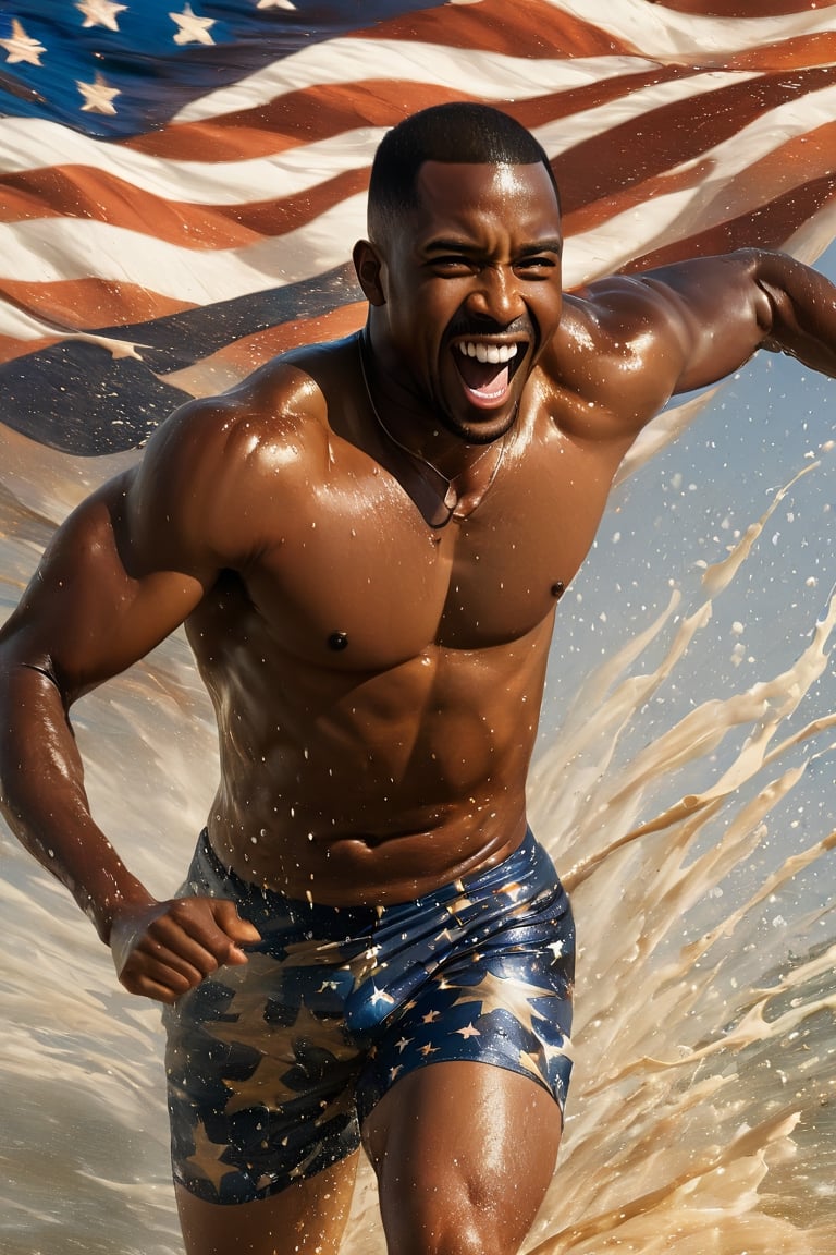 a mid section body shot photograph of a happy African American man, wearing a Speedos, beach seawater running down his body, splashing seawater, very large American flag background, fluid motion, dynamic movement, cinematic lighting, palette knife, brown nipples, digital artwork by Beksinski,action shot,sweetscape, art by Klimt, airbrush art, ,photo r3al,ice and water,close up,Movie Poster