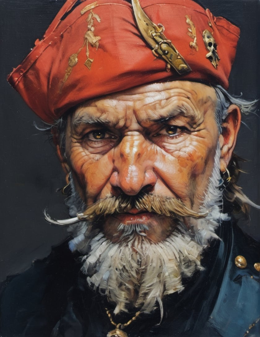 an oil painting portrair, close up of the face, all focus on the eyes, a masterpiece, art by michael carson, a pirate, silverbeard, with two rotten teeth, unkempt beard and moustache, crinkled laughing eyes, wild eyebrow hair, wind swept hair on head, wearing a captains tricorne hat, gold hoop earings, 