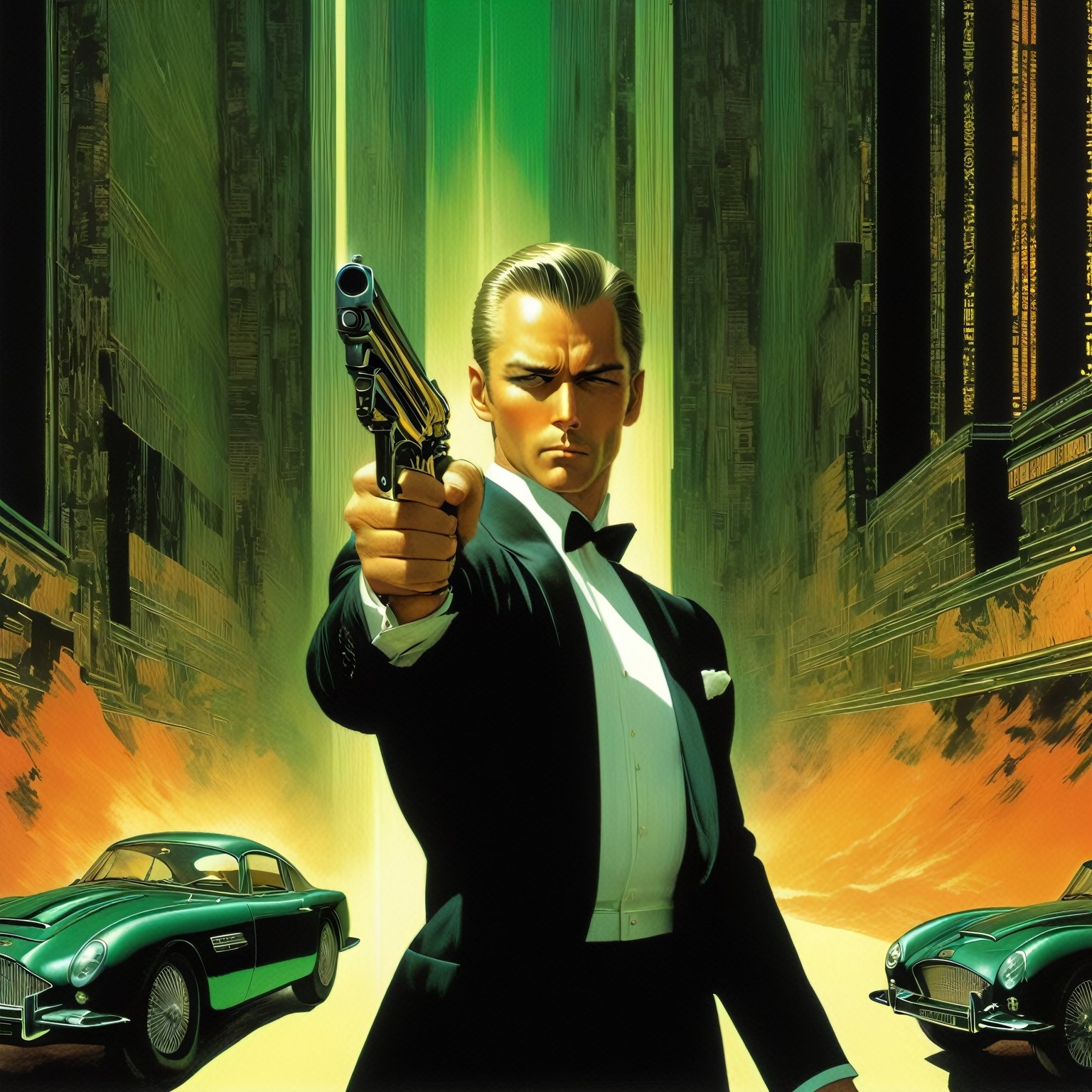 art by Masamune Shirow, art by J.C. Leyendecker, art by boris vallejo, a masterpiece, stunning beauty, hyper-realistic oil painting, vibrant colors, a James Bond type character, dark chiarascuro lighting, aiming a Luger pistol at the viewer, fighting bad guys, driving an Aston Martin, a telephoto shot, 1000mm lens, f2,8,vertical lines of green matrix code