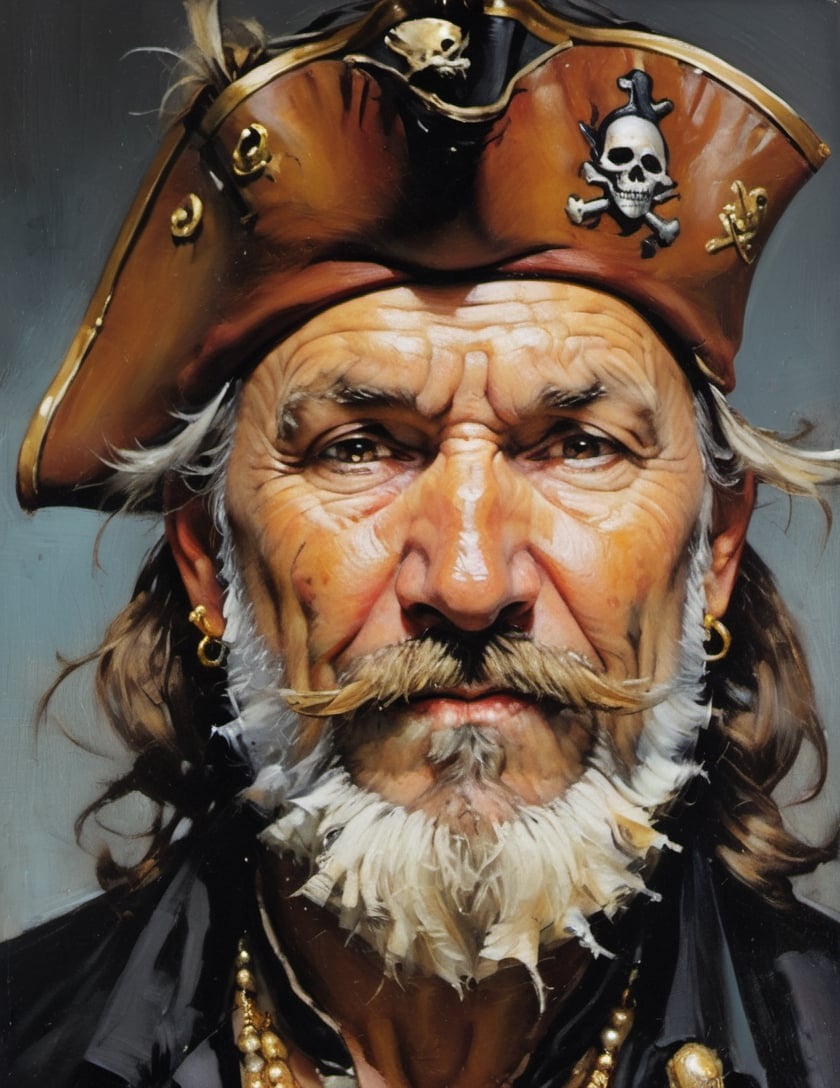 an oil painting portrair, close up of the face, all focus on the eyes, a masterpiece, art by michael carson, a pirate, silverbeard, with two rotten teeth, unkempt beard and moustache, crinkled laughing eyes, wild eyebrow hair, wind swept hair on head, wearing a captains tricorne hat, gold hoop earings, 